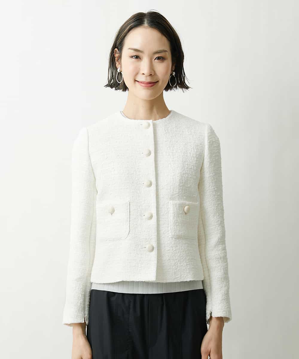 FMJDS12460 MICHEL KLEIN(ミッシェルクラン) [オリジナル素材]2WAYファンシーツイードノーカラージャケット アイボリー(80)