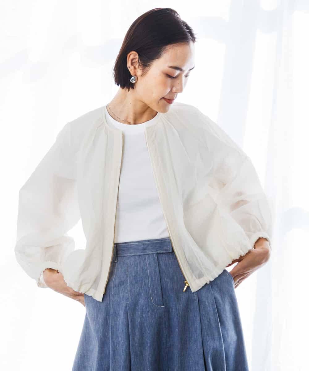 FMJGD12380 MICHEL KLEIN(ミッシェルクラン) ナイロンペーパー ノーカラーブルゾン ホワイト