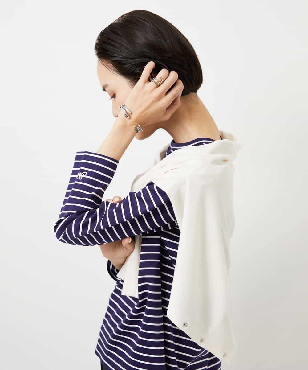 FMKDE10180 MICHEL KLEIN(ミッシェルクラン) ボーダーバックフレアカットソー ネイビー