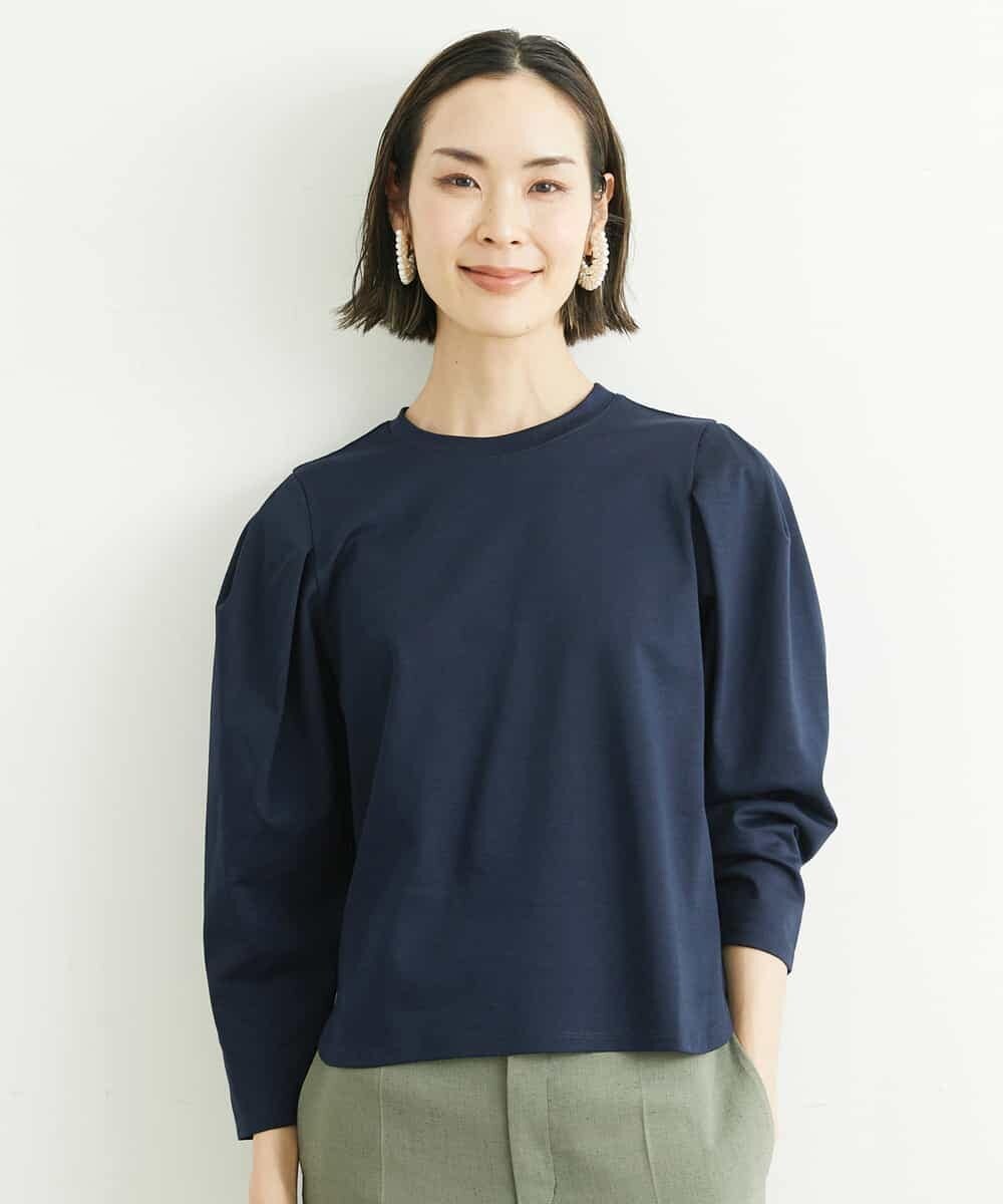 FMKFS01180 MICHEL KLEIN(ミッシェルクラン) パワーショルダーロングスリーブカットソー（ボーダー・無地） ブルーボーダー(55)