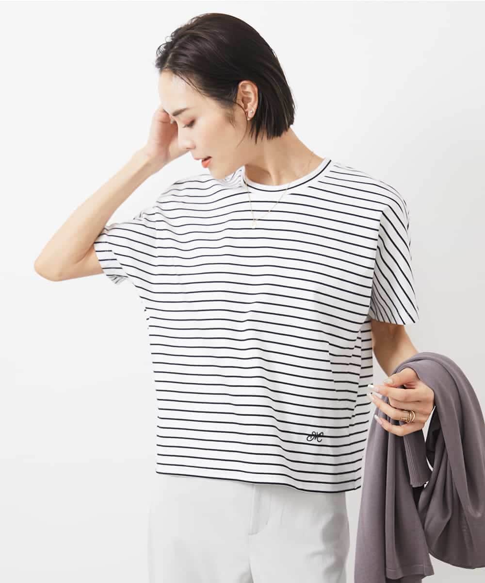 FMKGB05150 MICHEL KLEIN(ミッシェルクラン) ワンポイント刺繍ボーダーTシャツ ホワイト×ブラック