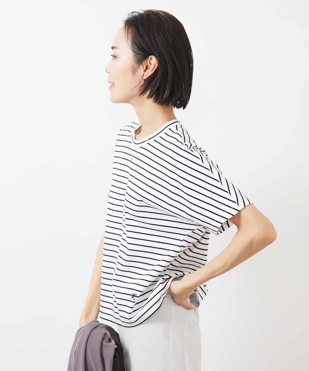 FMKGB05150 MICHEL KLEIN(ミッシェルクラン) ワンポイント刺繍ボーダーTシャツ ホワイト×ブラック