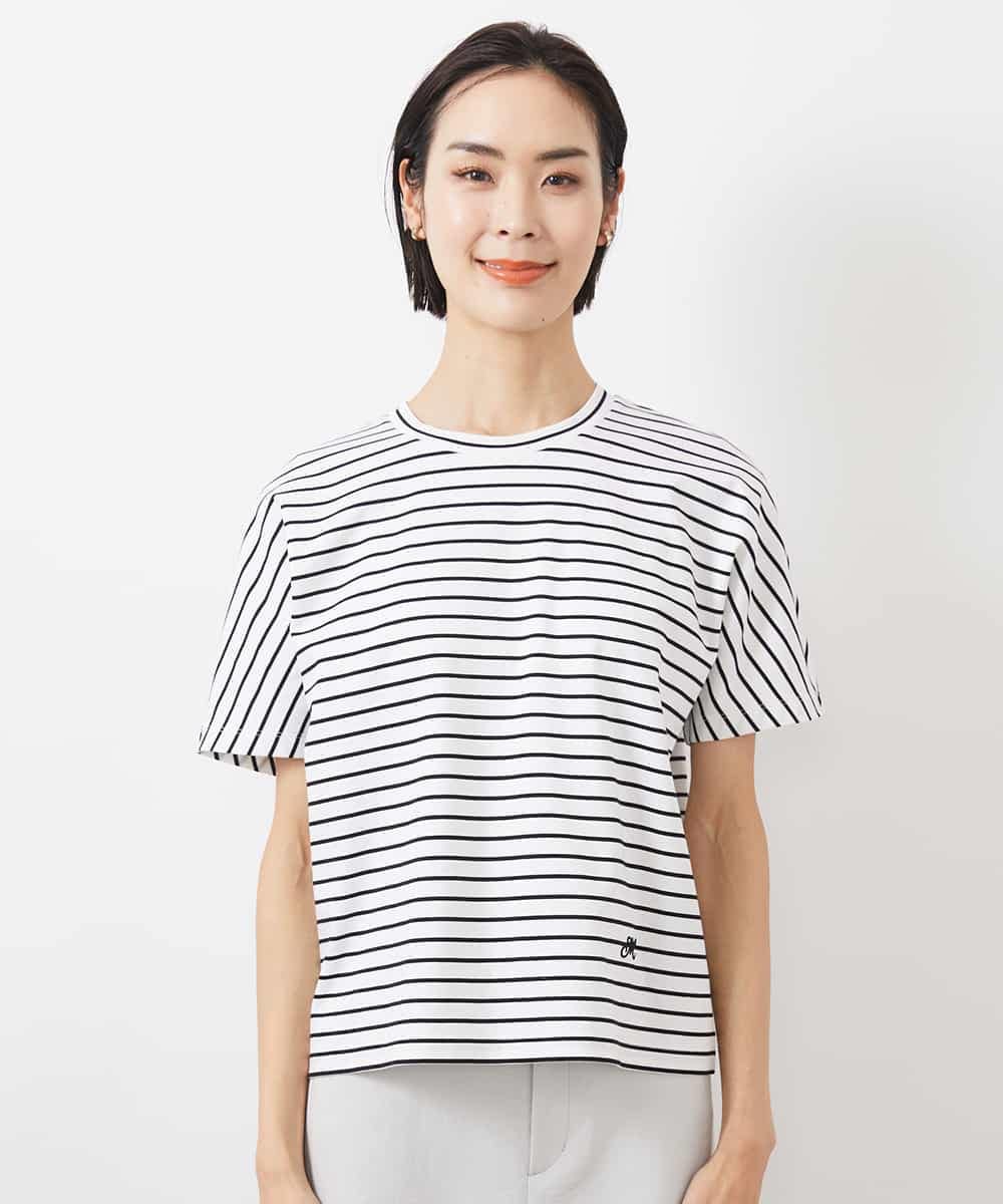 FMKGB05150 MICHEL KLEIN(ミッシェルクラン) ワンポイント刺繍ボーダーTシャツ ホワイト×ブラック