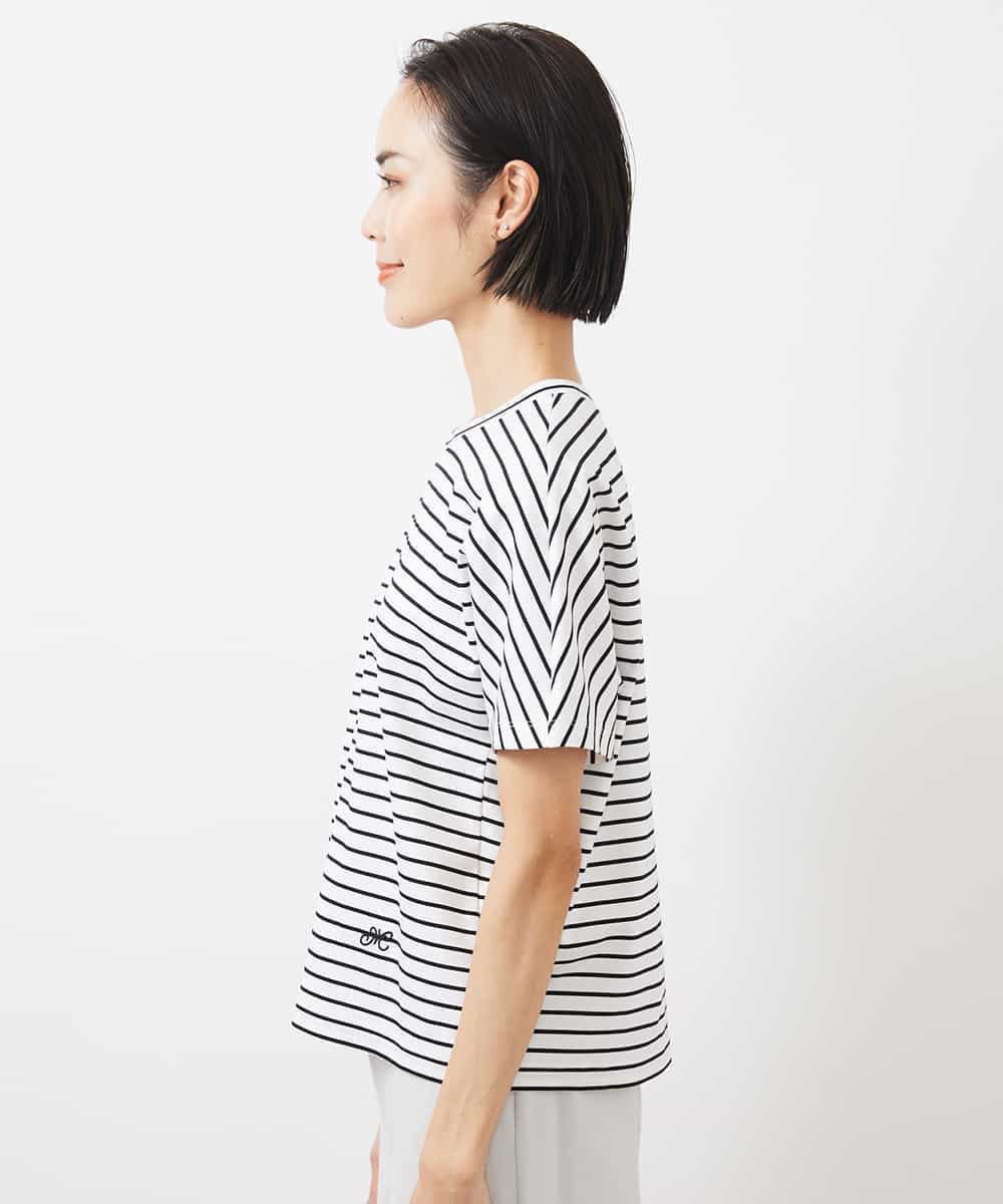 FMKGB05150 MICHEL KLEIN(ミッシェルクラン) ワンポイント刺繍ボーダーTシャツ ホワイト×ブラック