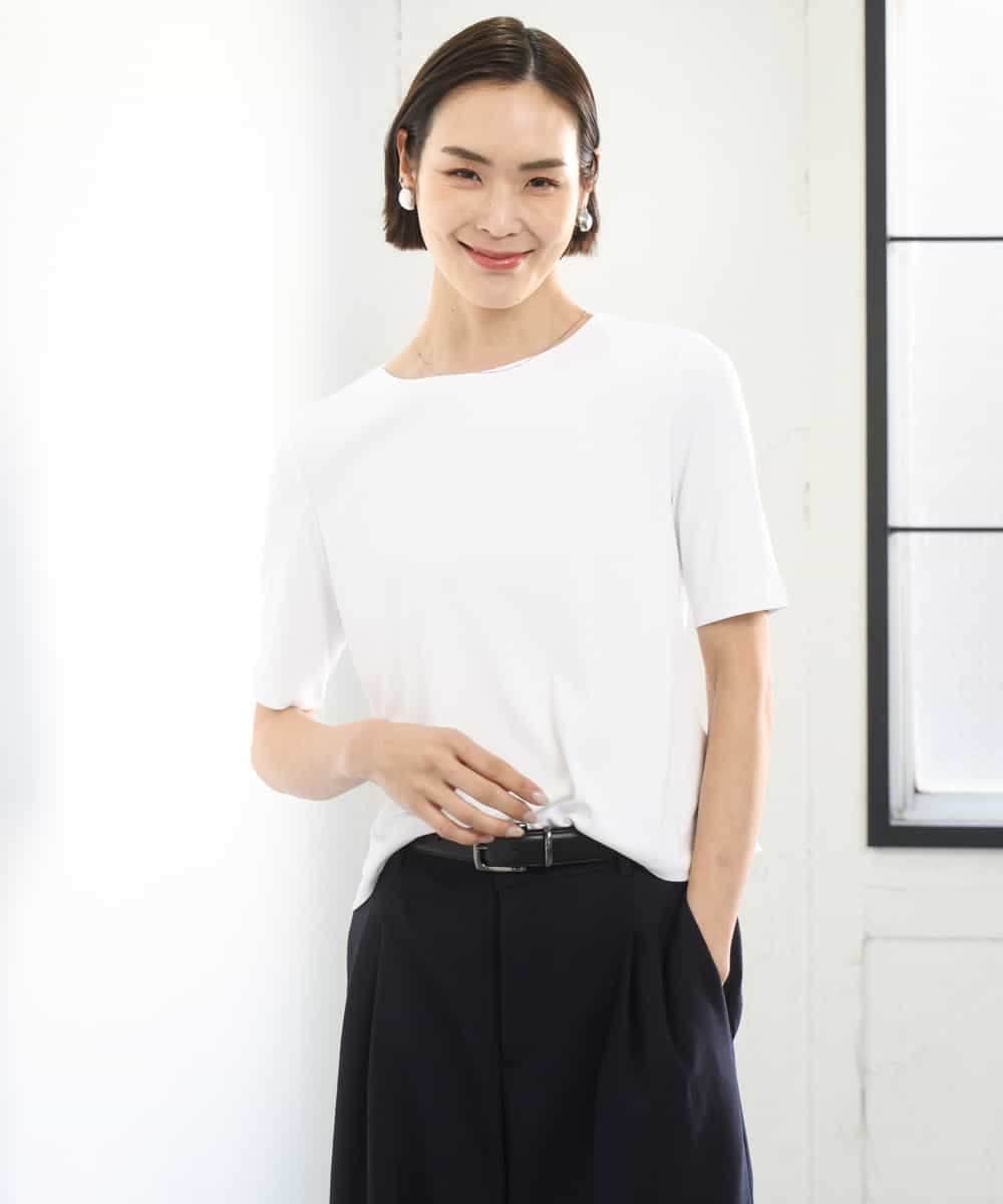 FMKGD20150 MICHEL KLEIN(ミッシェルクラン) [遮熱効果素材]ステッチレス五分袖プルオーバー ホワイト