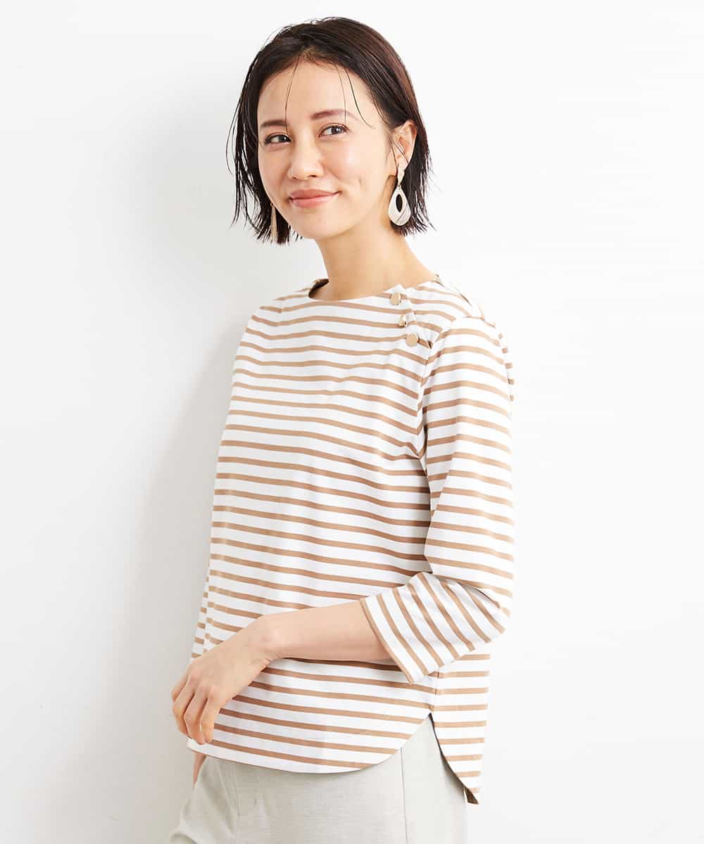 FMKGS20190 MICHEL KLEIN(ミッシェルクラン) ボタンデザインボーダーカットソー ベージュ×ホワイト(82)