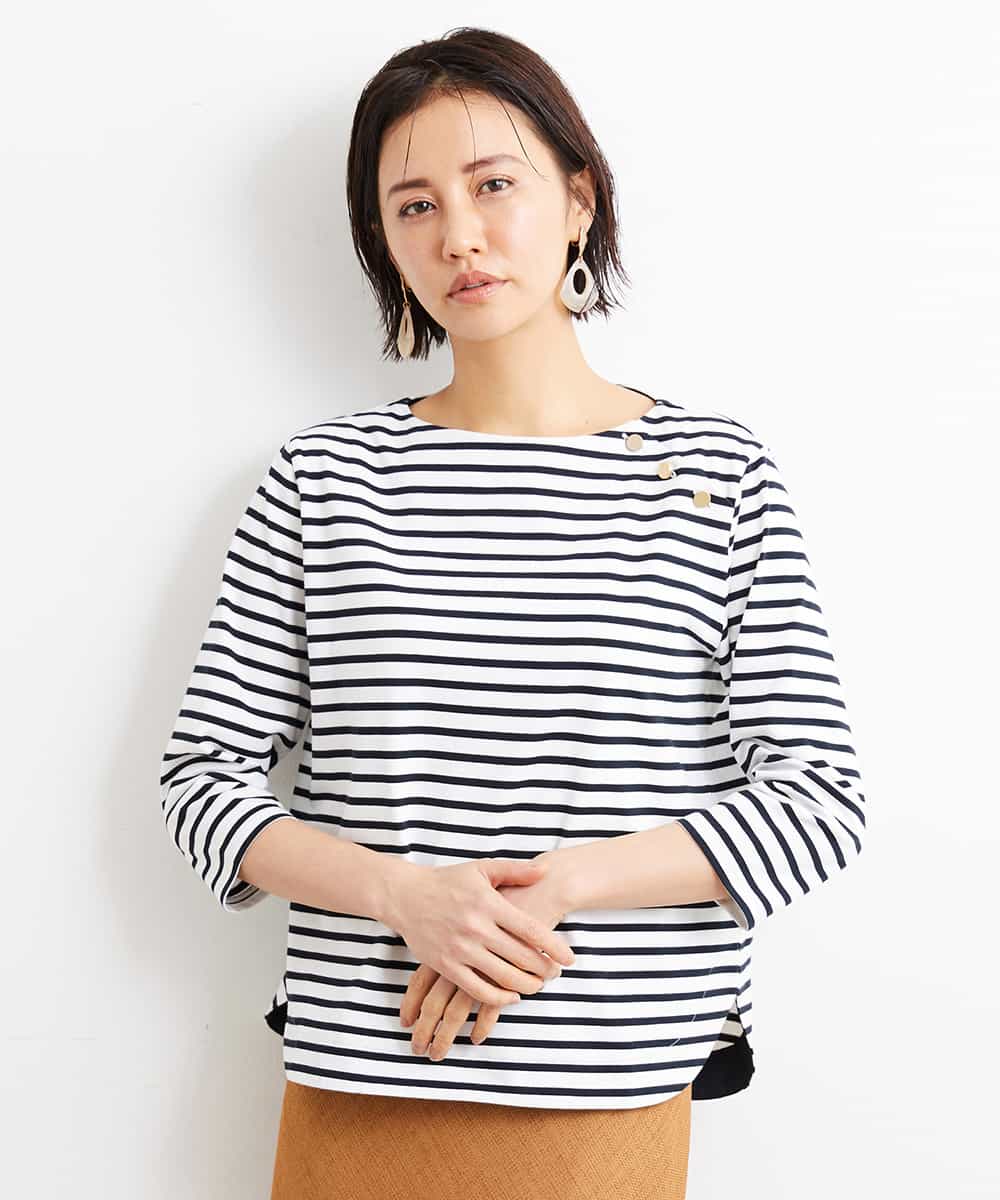 FMKGS20190 MICHEL KLEIN(ミッシェルクラン) ボタンデザインボーダーカットソー ブラック×ホワイト(90)