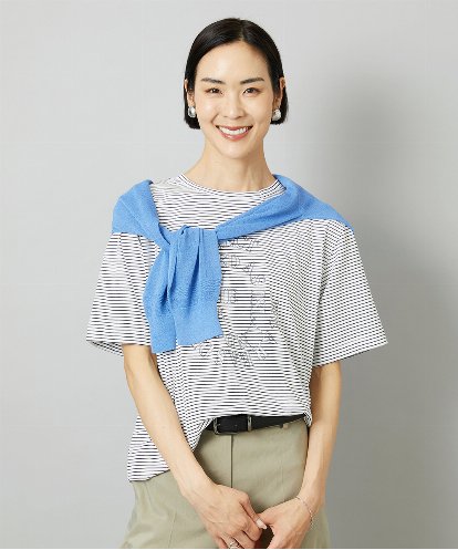 FMKHD05150 MICHEL KLEIN 透明箔プリントボーダーTシャツ