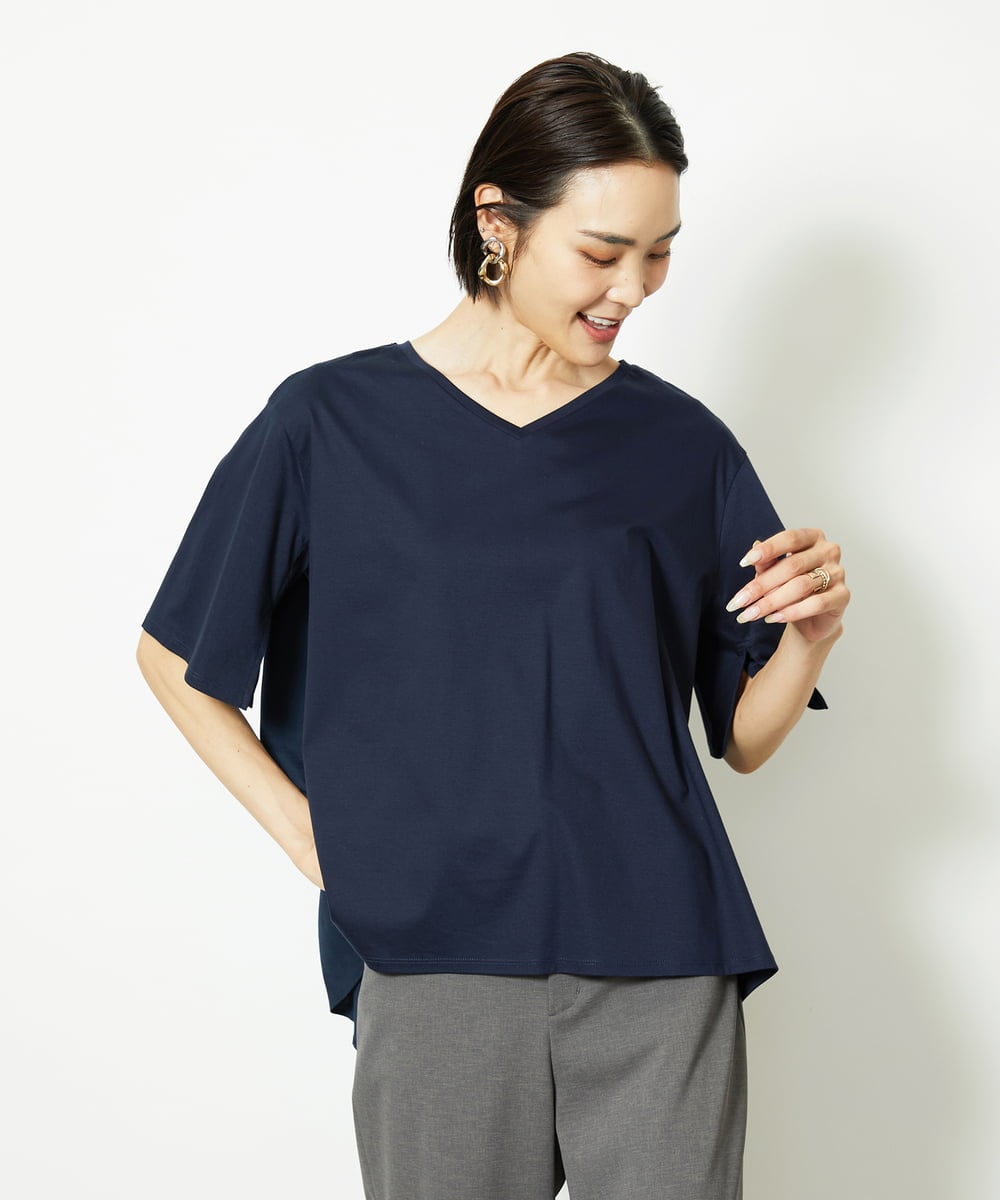 FMKJA32160 MICHEL KLEIN(ミッシェルクラン) [接触冷感]異素材バックフレアカットソー ネイビー