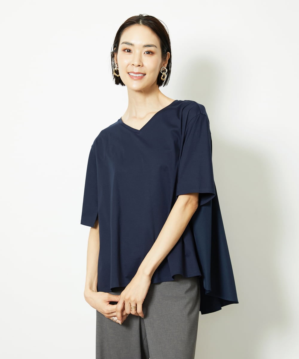 FMKJA32160 MICHEL KLEIN(ミッシェルクラン) [接触冷感]異素材バックフレアカットソー ネイビー
