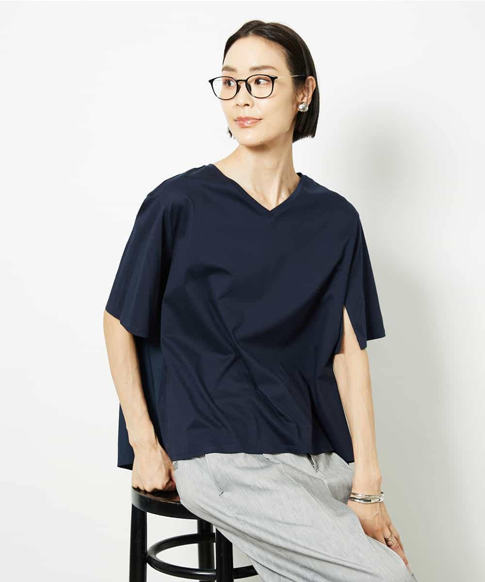 FMKJA32160 MICHEL KLEIN(ミッシェルクラン) [接触冷感]異素材バックフレアカットソー ネイビー