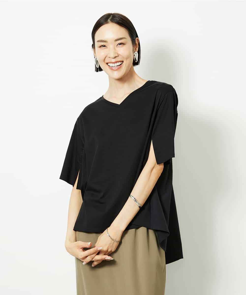 FMKJA32160 MICHEL KLEIN(ミッシェルクラン) [接触冷感]異素材バックフレアカットソー ネイビー