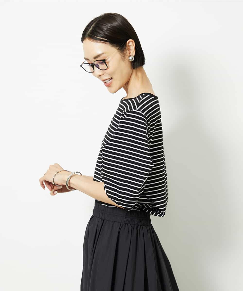 FMKJA37150 MICHEL KLEIN(ミッシェルクラン) [接触冷感]袖タックボーダーカットソー ブラック