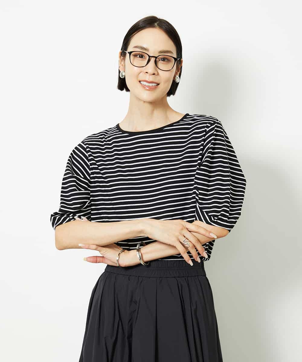 FMKJA37150 MICHEL KLEIN(ミッシェルクラン) [接触冷感]袖タックボーダーカットソー ブラック