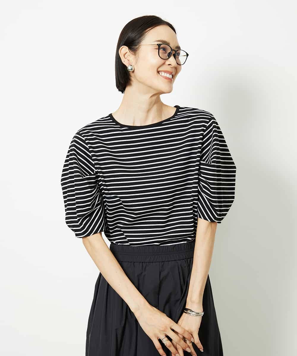 FMKJA37150 MICHEL KLEIN(ミッシェルクラン) [接触冷感]袖タックボーダーカットソー ブラック
