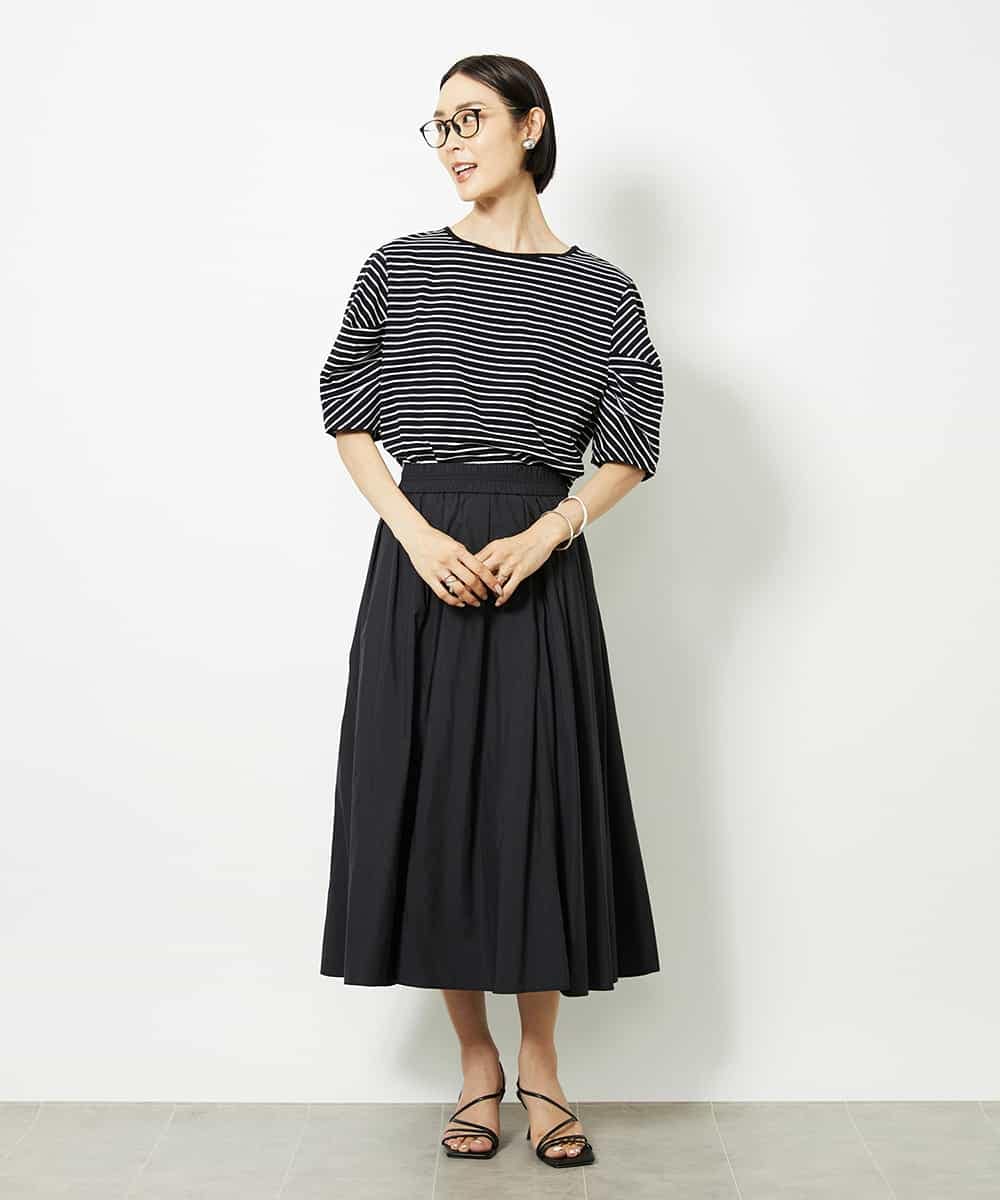 FMKJA37150 MICHEL KLEIN(ミッシェルクラン) [接触冷感]袖タックボーダーカットソー ブラック