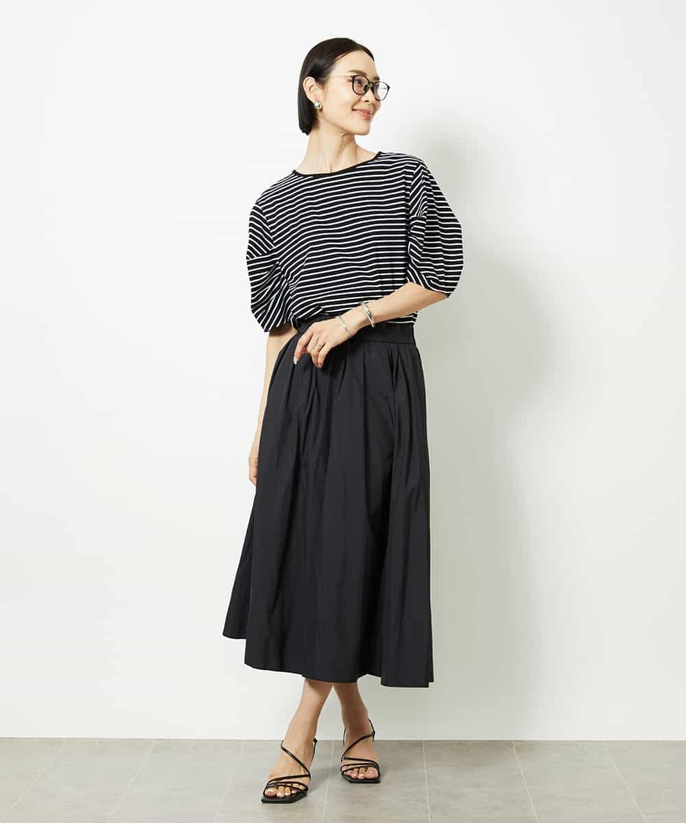 FMKJA37150 MICHEL KLEIN(ミッシェルクラン) [接触冷感]袖タックボーダーカットソー ブラック