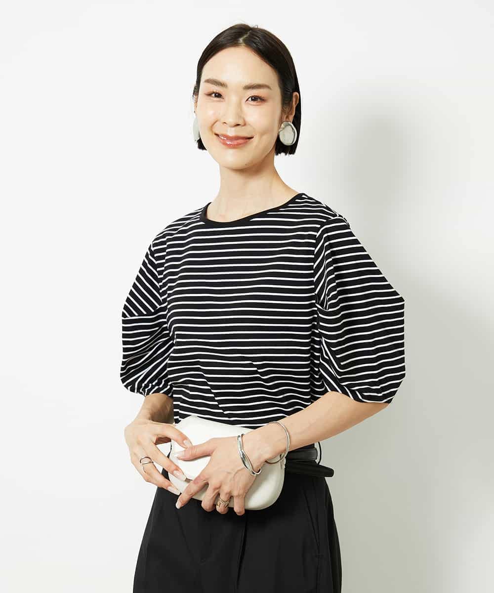 FMKJA37150 MICHEL KLEIN(ミッシェルクラン) [接触冷感]袖タックボーダーカットソー ブラック