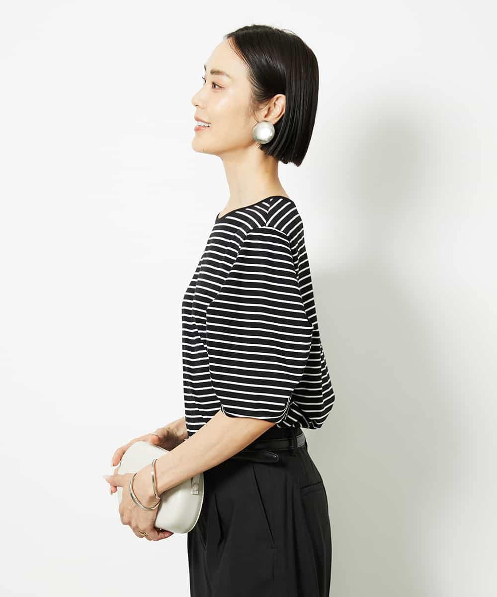 FMKJA37150 MICHEL KLEIN(ミッシェルクラン) [接触冷感]袖タックボーダーカットソー ブラック