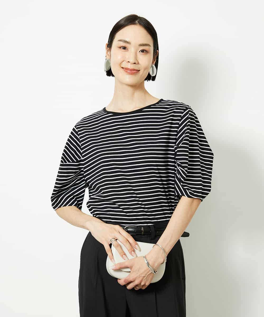 FMKJA37150 MICHEL KLEIN(ミッシェルクラン) [接触冷感]袖タックボーダーカットソー ブラック