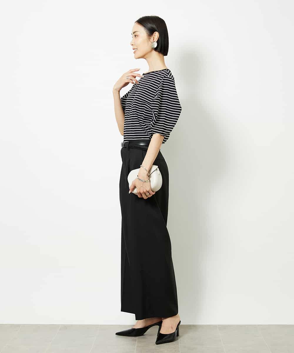 FMKJA37150 MICHEL KLEIN(ミッシェルクラン) [接触冷感]袖タックボーダーカットソー ブラック