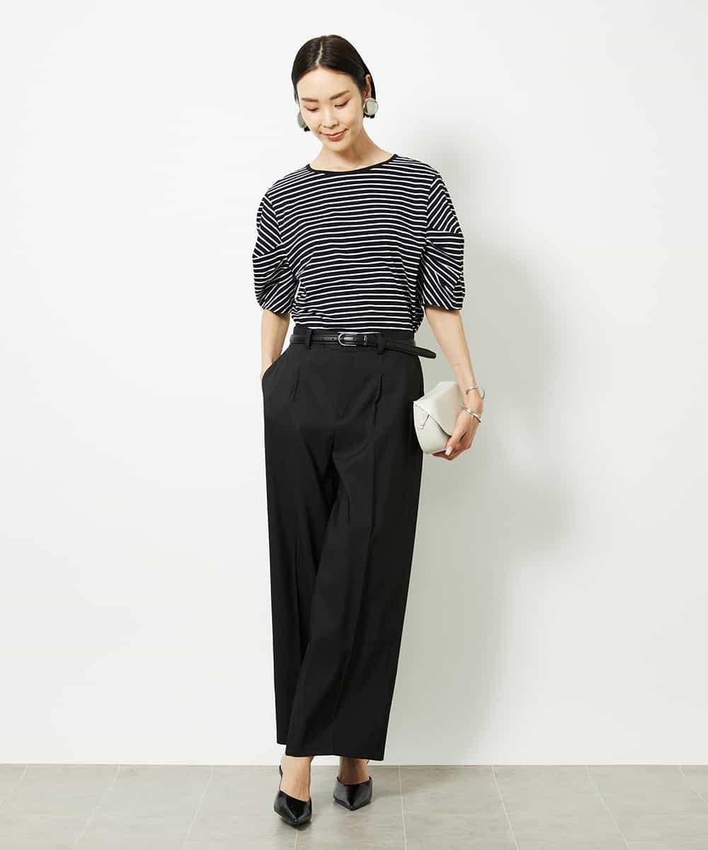 FMKJA37150 MICHEL KLEIN(ミッシェルクラン) [接触冷感]袖タックボーダーカットソー ブラック