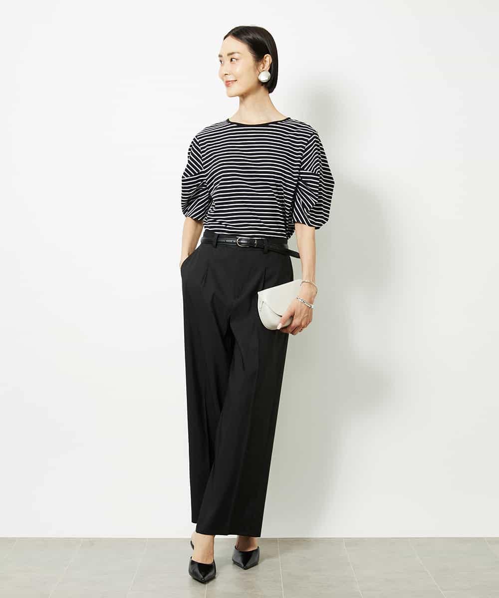 FMKJA37150 MICHEL KLEIN(ミッシェルクラン) [接触冷感]袖タックボーダーカットソー ブラック
