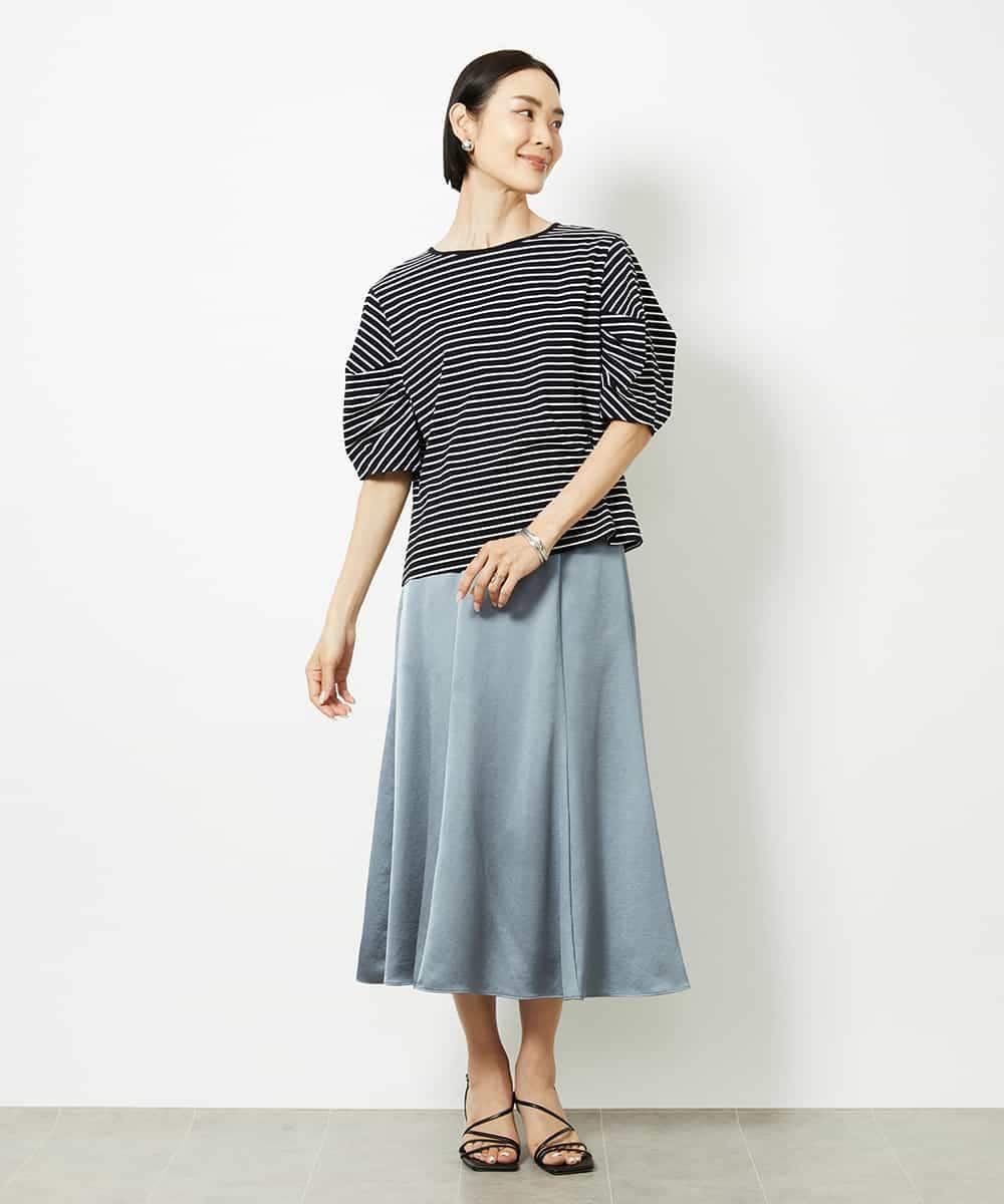 FMKJA37150 MICHEL KLEIN(ミッシェルクラン) [接触冷感]袖タックボーダーカットソー ブラック