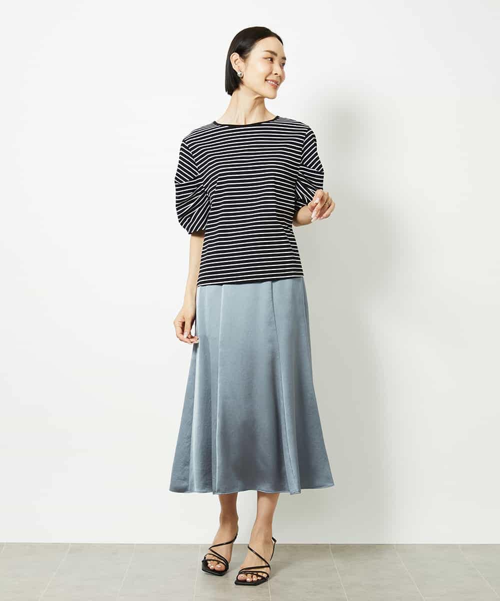 FMKJA37150 MICHEL KLEIN(ミッシェルクラン) [接触冷感]袖タックボーダーカットソー ブラック