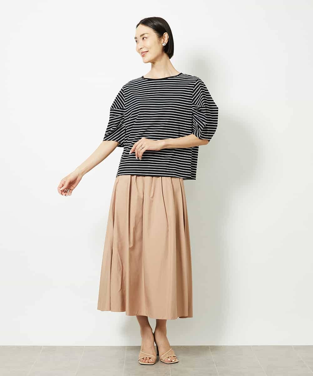 FMKJA37150 MICHEL KLEIN(ミッシェルクラン) [接触冷感]袖タックボーダーカットソー ブラック