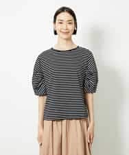 FMKJA37150 MICHEL KLEIN(ミッシェルクラン) [接触冷感]袖タックボーダーカットソー ブラック