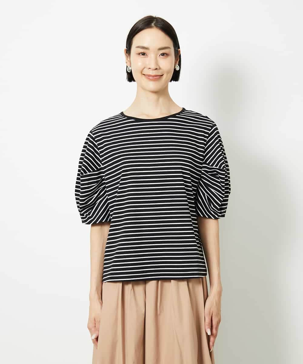 FMKJA37150 MICHEL KLEIN(ミッシェルクラン) [接触冷感]袖タックボーダーカットソー ブラック