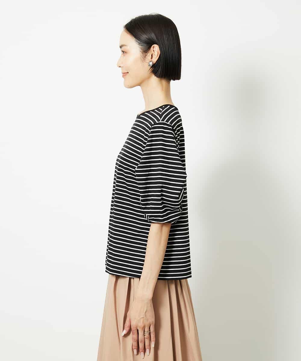 FMKJA37150 MICHEL KLEIN(ミッシェルクラン) [接触冷感]袖タックボーダーカットソー ブラック