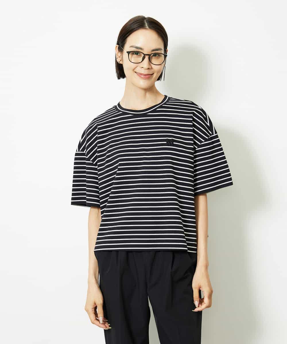 FMKJB02160 MICHEL KLEIN(ミッシェルクラン) イニシャル刺繍Ｔシャツ(ボーダー柄） ブラック