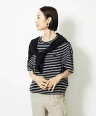 FMKJB02160 MICHEL KLEIN(ミッシェルクラン) イニシャル刺繍Ｔシャツ(ボーダー柄） ブラック