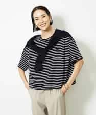 FMKJB02160 MICHEL KLEIN(ミッシェルクラン) イニシャル刺繍Ｔシャツ(ボーダー柄） ブラック