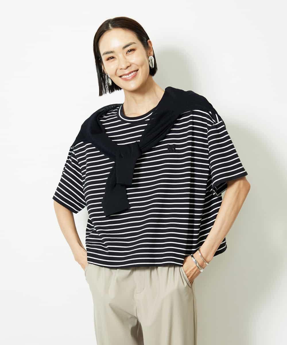 FMKJB02160 MICHEL KLEIN(ミッシェルクラン) イニシャル刺繍Ｔシャツ(ボーダー柄） ブラック