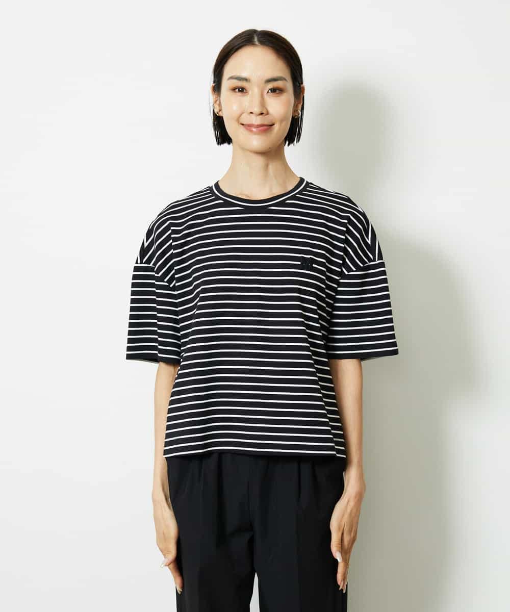 FMKJB02160 MICHEL KLEIN(ミッシェルクラン) イニシャル刺繍Ｔシャツ(ボーダー柄） ブラック