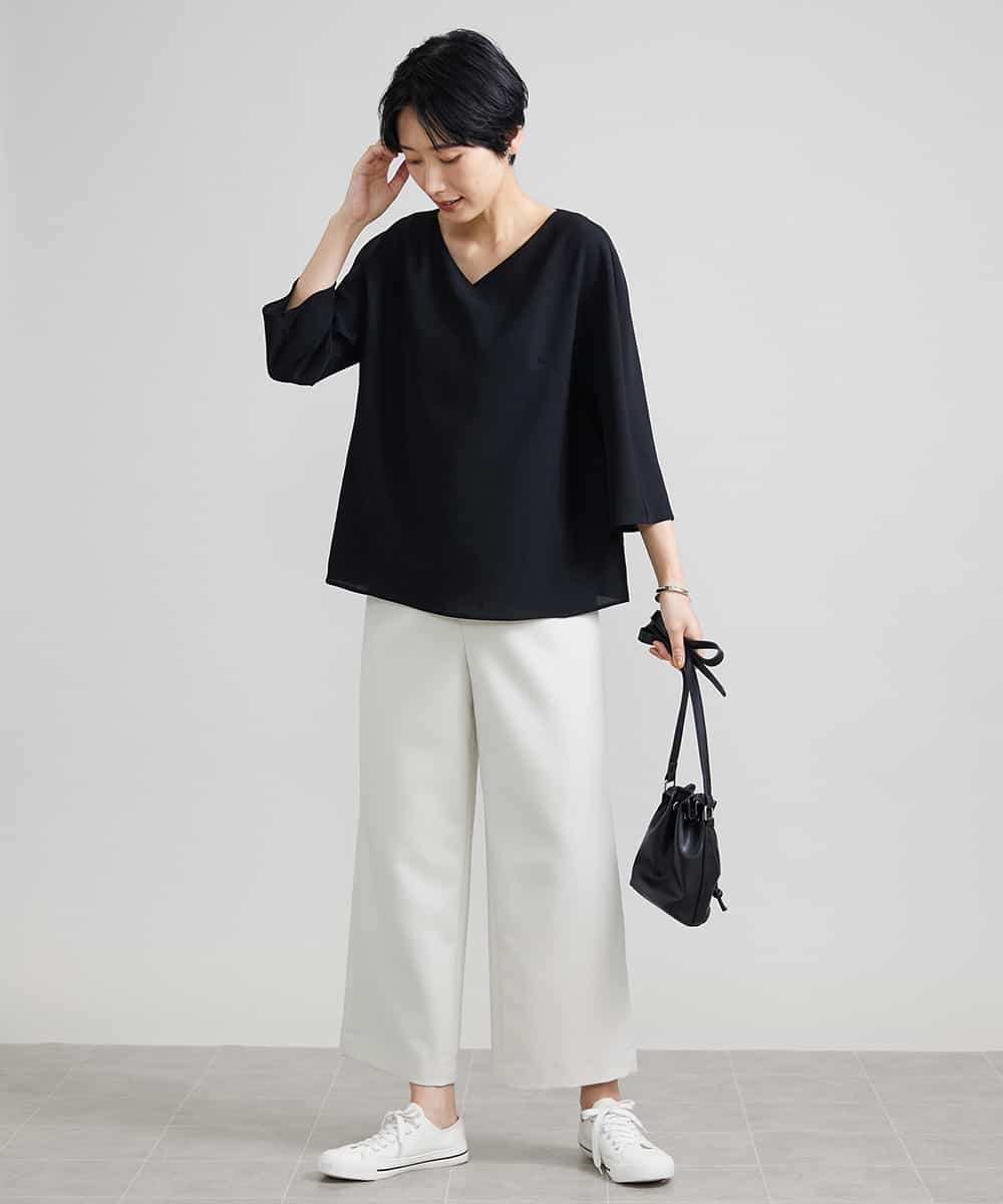 FMLAV10180 MICHEL KLEIN(ミッシェルクラン) [新色追加]ストレッチワイドパンツ(裏地なし/長め) ブラック(94)