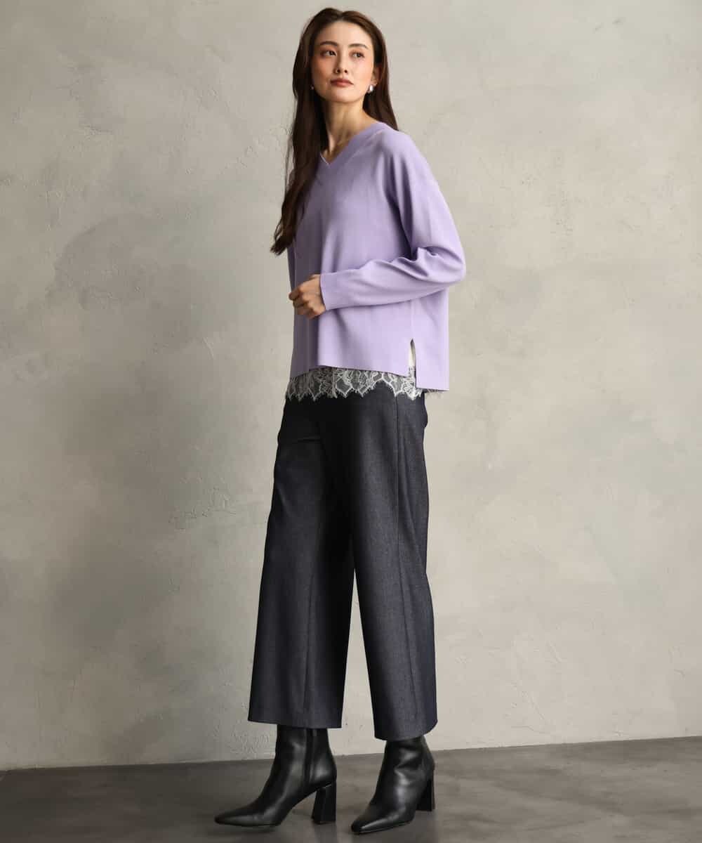 FMLDH53180 MICHEL KLEIN(ミッシェルクラン) [定番人気/新色追加]デニムライク裏起毛ワイドパンツ ネイビー
