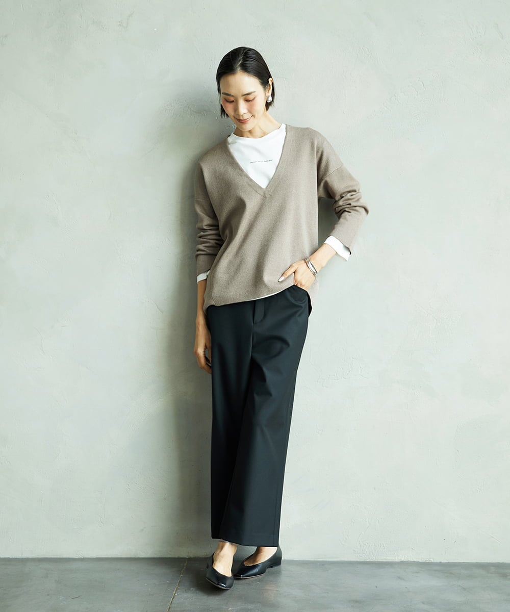 FMLJA08180 MICHEL KLEIN(ミッシェルクラン) ツイルストレッチワイドパンツ チャコールブラウン