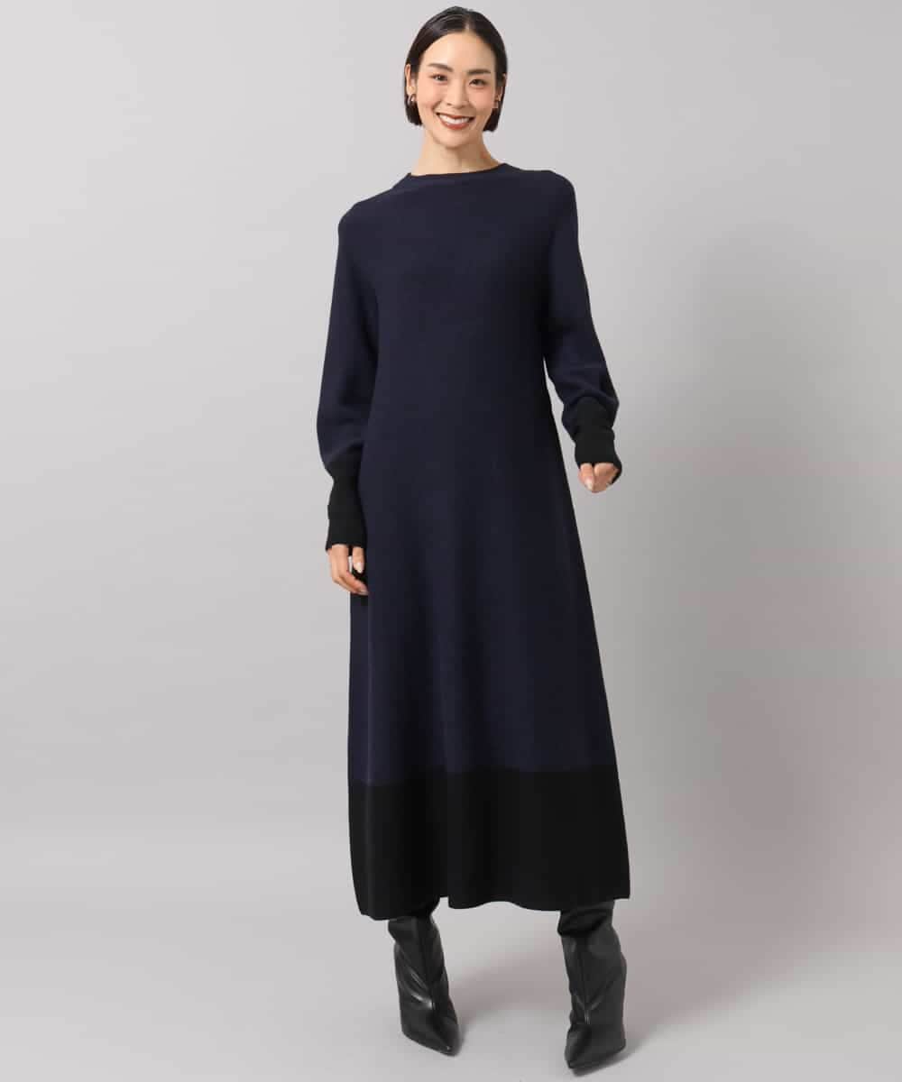 FMPAG50290 MICHEL KLEIN(ミッシェルクラン) ホールガーメント(R)バイカラーニットワンピース ネイビー