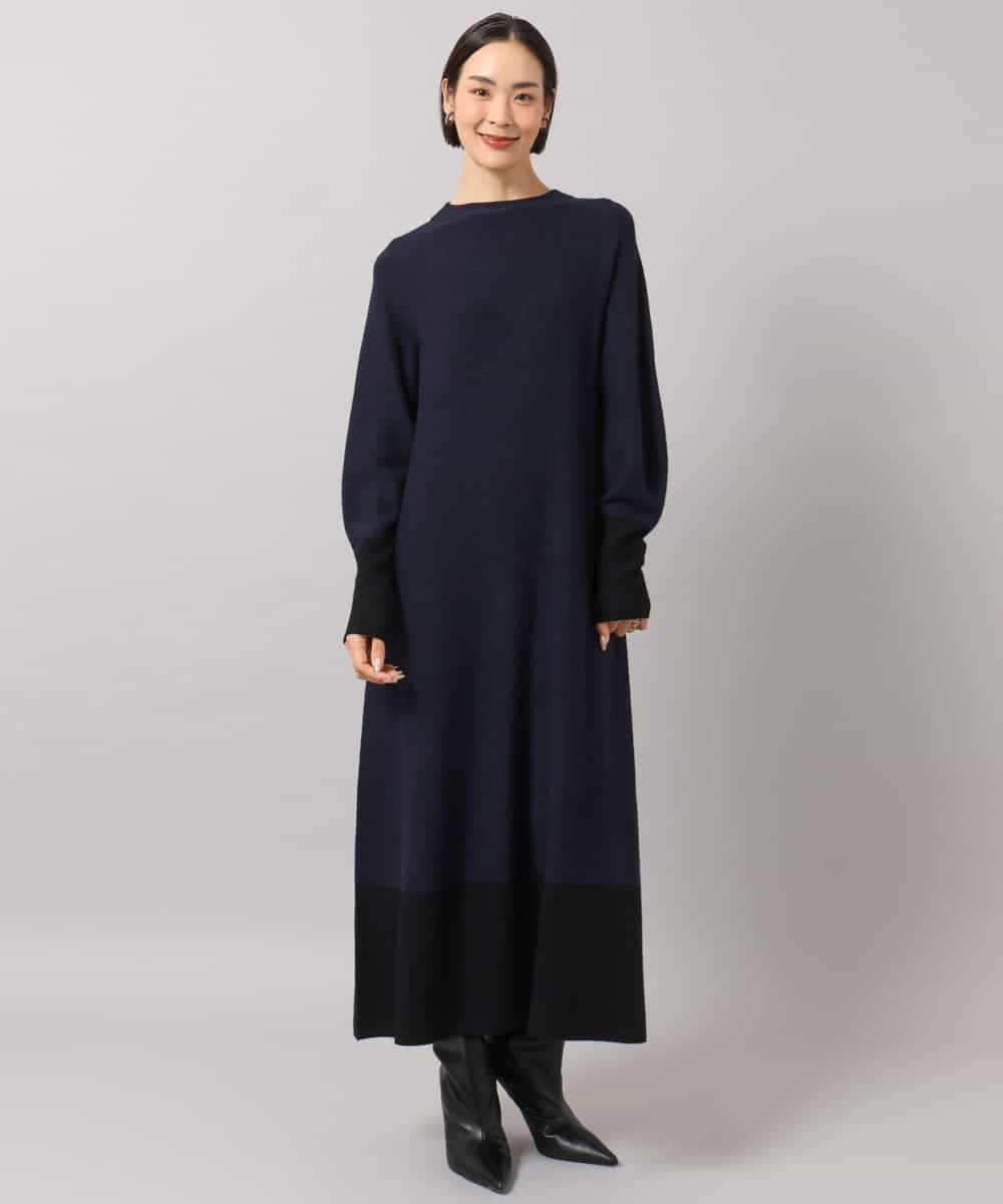 FMPAG50290 MICHEL KLEIN(ミッシェルクラン) ホールガーメント(R)バイカラーニットワンピース ネイビー