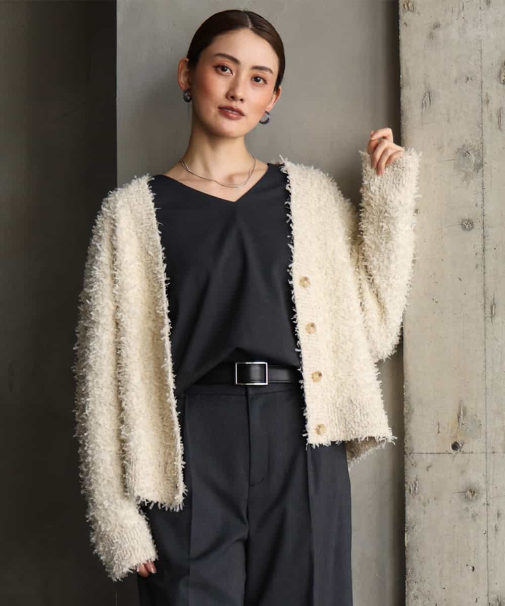 FMSAG40260 MICHEL KLEIN(ミッシェルクラン) リボンヤーンVネックカーディガン アイボリー