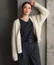 FMSAG40260 MICHEL KLEIN(ミッシェルクラン) リボンヤーンVネックカーディガン ベージュ