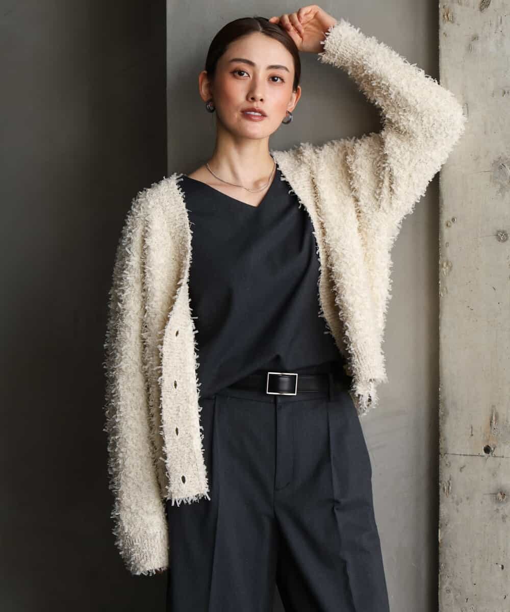 FMSAG40260 MICHEL KLEIN(ミッシェルクラン) リボンヤーンVネックカーディガン ベージュ