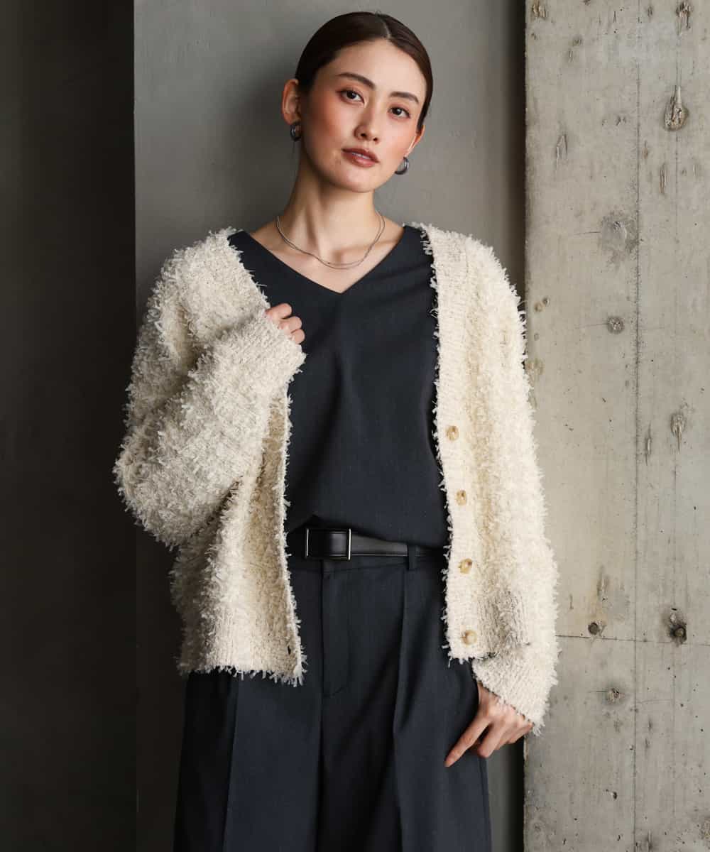 FMSAG40260 MICHEL KLEIN(ミッシェルクラン) リボンヤーンVネックカーディガン ベージュ