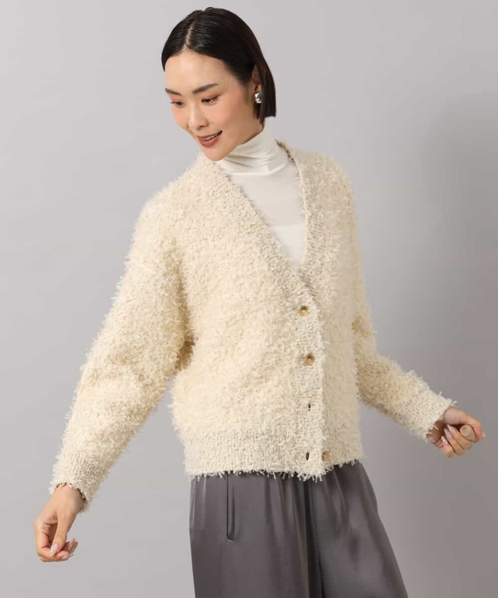 FMSAG40260 MICHEL KLEIN(ミッシェルクラン) リボンヤーンVネックカーディガン ベージュ