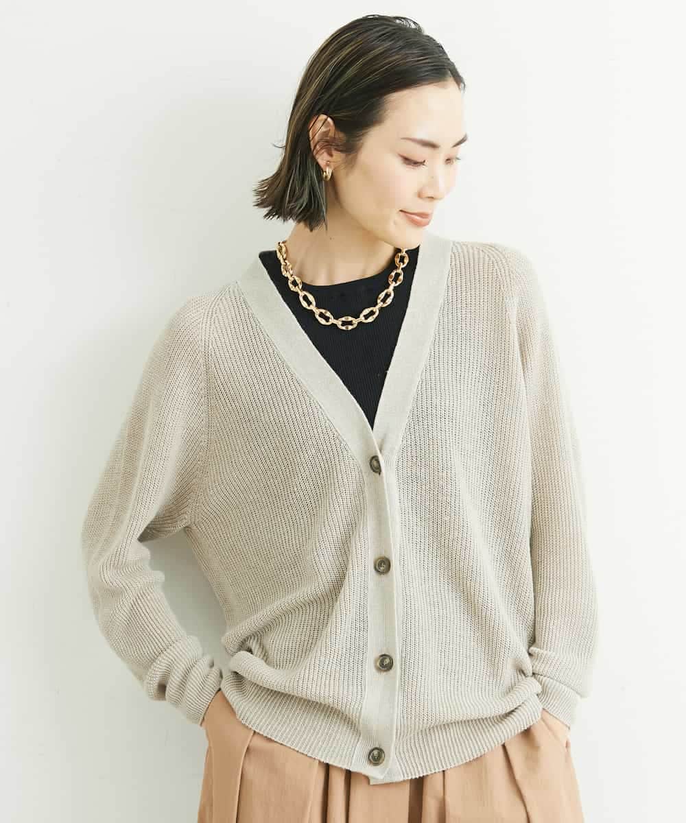FMSFS19300 MICHEL KLEIN(ミッシェルクラン) ホールガーメント(R)フレンチリネンVネックカーディガン ベージュ(82)