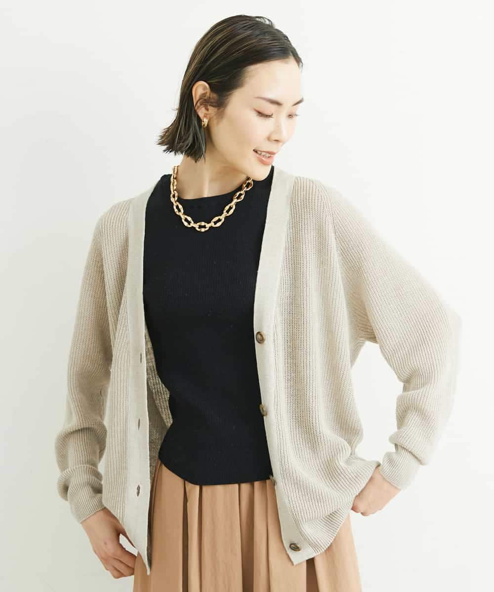 FMSFS19300 MICHEL KLEIN(ミッシェルクラン) ホールガーメント(R)フレンチリネンVネックカーディガン ベージュ(82)